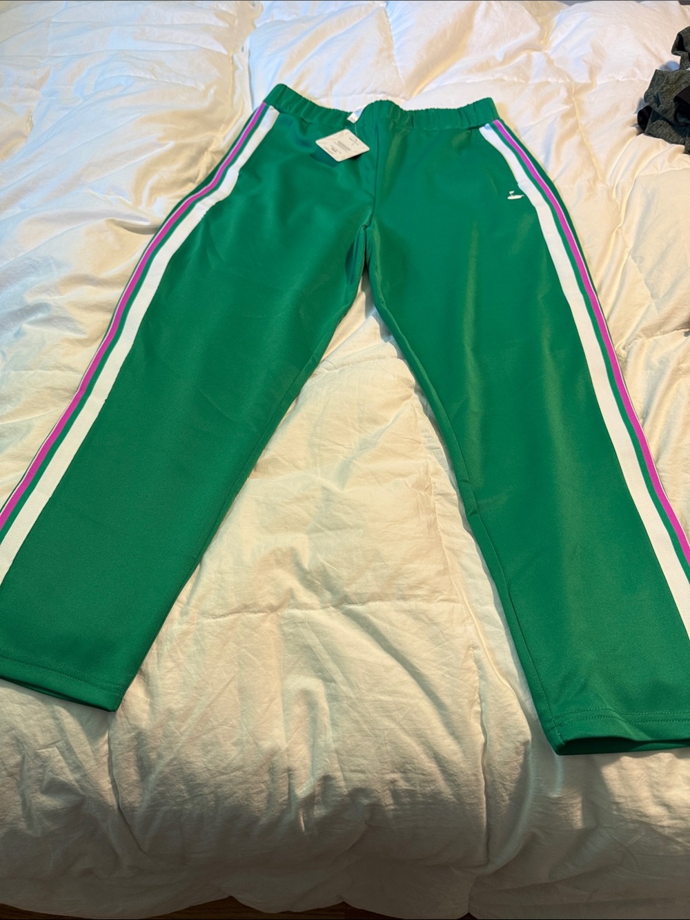 Fabletics Green Track Pants with White and Pink Side Stripes
